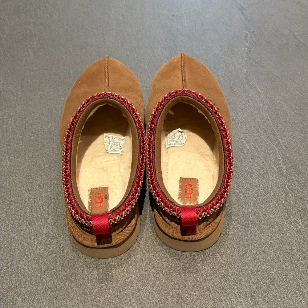 UGG Tan Suede Flats with Red Trim
